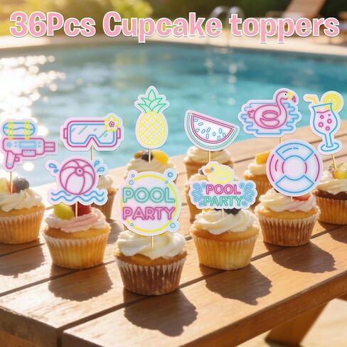 Pool Party Decorations: 36Pcs Pool Party Cupcake Toppers Pool Party Cake Decorations for Hawaii Beach Pool Theme Wedding Baby Shower Birthday Party Supplies in Kuwait