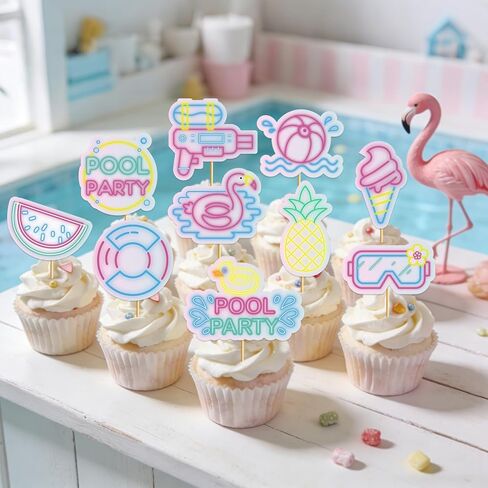 Pool Party Decorations: 36Pcs Pool Party Cupcake Toppers Pool Party Cake Decorations for Hawaii Beach Pool Theme Wedding Baby Shower Birthday Party Supplies in Kuwait