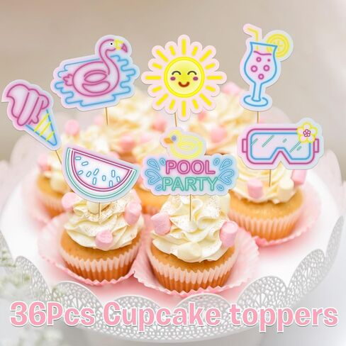 Pool Party Decorations: 36Pcs Pool Party Cupcake Toppers Pool Party Cake Decorations for Hawaii Beach Pool Theme Wedding Baby Shower Birthday Party Supplies in Kuwait