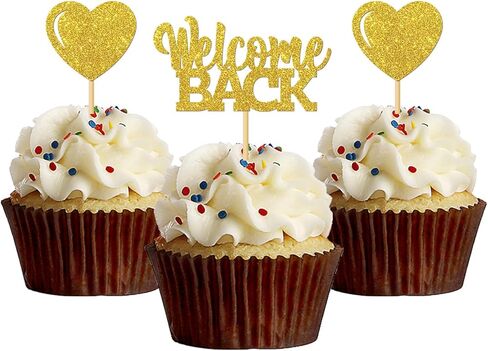 MonMon & Craft 24 Pcs Gold Glitter Welcome Back Cupcake Toppers - Housewarming, Retirement Party Decorations in Saudi Arabia