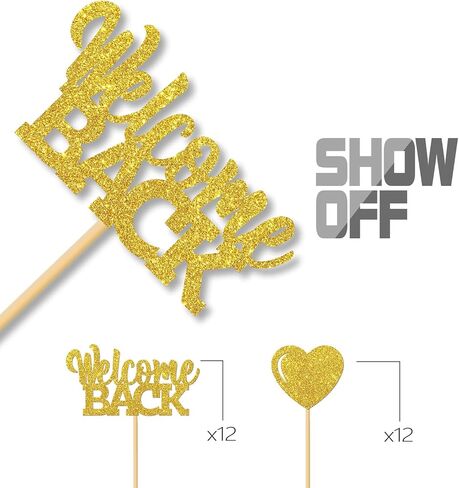 MonMon & Craft 24 Pcs Gold Glitter Welcome Back Cupcake Toppers - Housewarming, Retirement Party Decorations in Saudi Arabia