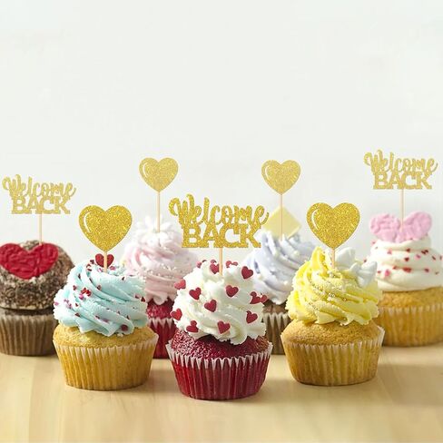 MonMon & Craft 24 Pcs Gold Glitter Welcome Back Cupcake Toppers - Housewarming, Retirement Party Decorations in Saudi Arabia