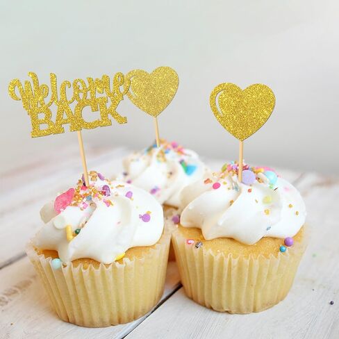 MonMon & Craft 24 Pcs Gold Glitter Welcome Back Cupcake Toppers - Housewarming, Retirement Party Decorations in Saudi Arabia