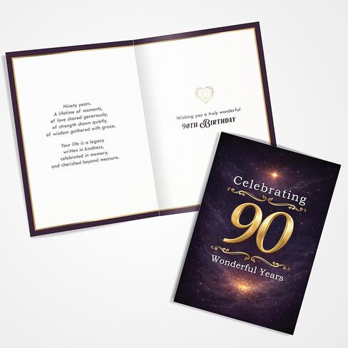 Cards 90th Birthday Card – Celebrating 90 Wonderful Years – Elegant Navy & Gold A5 Greeting Card with Printed Verse – Premium UK Made Design in Saudi Arabia