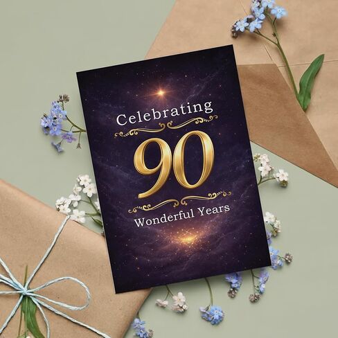 Cards 90th Birthday Card – Celebrating 90 Wonderful Years – Elegant Navy & Gold A5 Greeting Card with Printed Verse – Premium UK Made Design in Saudi Arabia