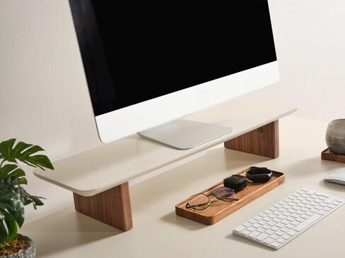 Modern Ergonomic Monitor Riser with Natural Wood Base, Sleek Desk Organizer Shelf, Elevated Computer Stand for Improved Posture & Storage in Saudi Arabia