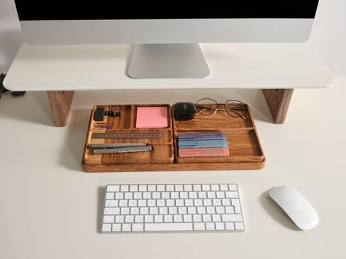 Modern Ergonomic Monitor Riser with Natural Wood Base, Sleek Desk Organizer Shelf, Elevated Computer Stand for Improved Posture & Storage in Saudi Arabia