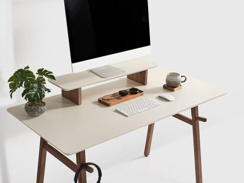 Modern Ergonomic Monitor Riser with Natural Wood Base, Sleek Desk Organizer Shelf, Elevated Computer Stand for Improved Posture & Storage in Saudi Arabia