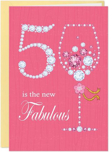 50th Birthday Card for Women - 50 in the New Fabulous Glitter Birthday Card, Elegant Diamond Wine Glass Design with Envelope, Sparkling 50th Birthday Card for Mom, Wife in Saudi Arabia