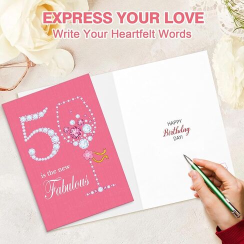 50th Birthday Card for Women - 50 in the New Fabulous Glitter Birthday Card, Elegant Diamond Wine Glass Design with Envelope, Sparkling 50th Birthday Card for Mom, Wife in Saudi Arabia