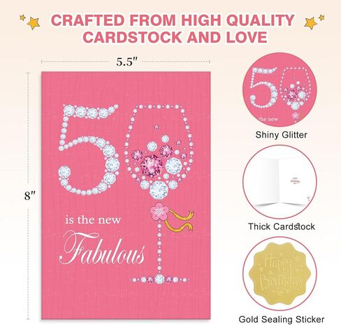 50th Birthday Card for Women - 50 in the New Fabulous Glitter Birthday Card, Elegant Diamond Wine Glass Design with Envelope, Sparkling 50th Birthday Card for Mom, Wife in Saudi Arabia