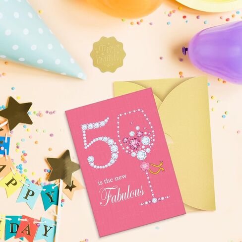 50th Birthday Card for Women - 50 in the New Fabulous Glitter Birthday Card, Elegant Diamond Wine Glass Design with Envelope, Sparkling 50th Birthday Card for Mom, Wife in Saudi Arabia
