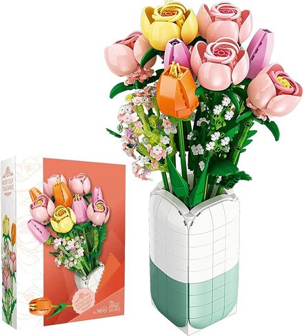 Flowers Bouquet Building Set with Vase - 1011 PCS Bricks Blocks Toy for Adults & Kids, Tulips & Roses Artificial Flowers Botanical Collection, Gifts for Christmas, Mother's Day in Saudi Arabia