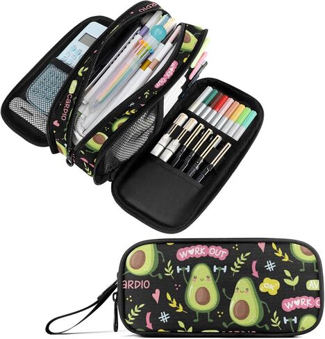 Fustylead Cute Avocado Pencil Pen Case Stationery Bag, 3 Compartments School College Office Desk Organizer Storage Pouch Makeup Bag for Teen Boys Girls Students in Saudi Arabia