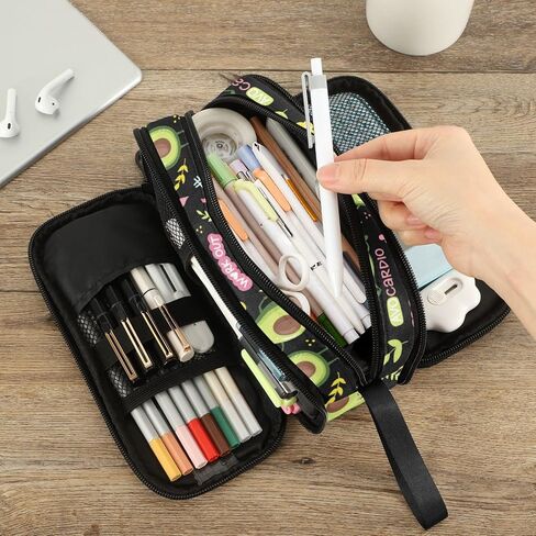 Fustylead Cute Avocado Pencil Pen Case Stationery Bag, 3 Compartments School College Office Desk Organizer Storage Pouch Makeup Bag for Teen Boys Girls Students in Saudi Arabia