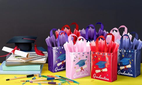 ysmile 12 Pack Medium Size Graduation Gift Bag with Tissue Paper Bulk 9.8" Non Woven Gifts Bag Reusable in Kuwait