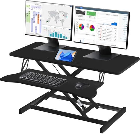 Height Adjustable 37 Inch Standing Desk Converter, Ergonomic Sit Stand Riser With Gas Spring Lift, Dual Monitor Workstation & Wide Keyboard Tray For Home Office Black in Kuwait