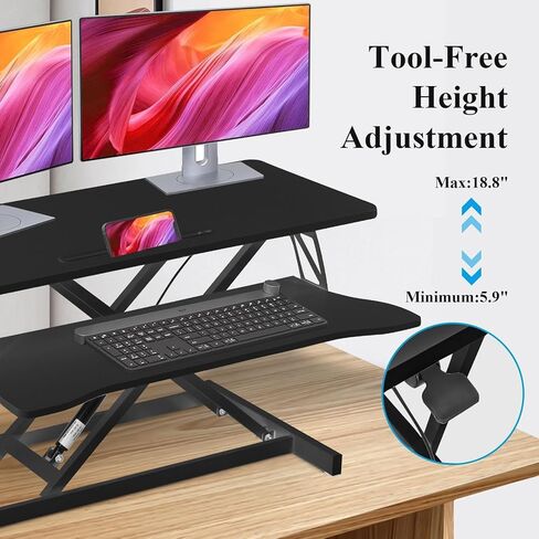 Height Adjustable 37 Inch Standing Desk Converter, Ergonomic Sit Stand Riser With Gas Spring Lift, Dual Monitor Workstation & Wide Keyboard Tray For Home Office Black in Kuwait