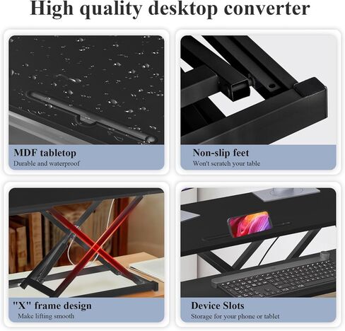 Height Adjustable 37 Inch Standing Desk Converter, Ergonomic Sit Stand Riser With Gas Spring Lift, Dual Monitor Workstation & Wide Keyboard Tray For Home Office Black in Kuwait