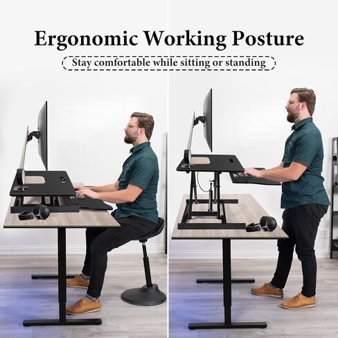Height Adjustable 37 Inch Standing Desk Converter, Ergonomic Sit Stand Riser With Gas Spring Lift, Dual Monitor Workstation & Wide Keyboard Tray For Home Office Black in Kuwait