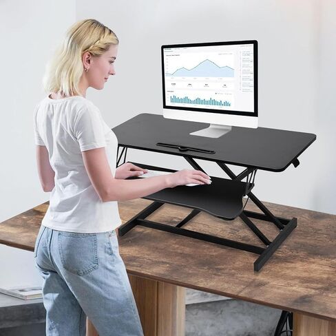 Height Adjustable 37 Inch Standing Desk Converter, Ergonomic Sit Stand Riser With Gas Spring Lift, Dual Monitor Workstation & Wide Keyboard Tray For Home Office Black in Kuwait