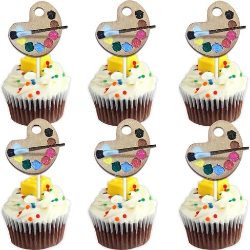 18pcs Glitter Colorful Art Palette Brush Cupcake Topper Cheer to Graffiti Paint Drawing Theme Anniversary Party Decoration for Men Women Happy Birthday Decor Supplies in Kuwait