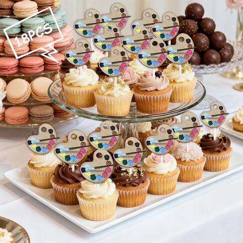 18pcs Glitter Colorful Art Palette Brush Cupcake Topper Cheer to Graffiti Paint Drawing Theme Anniversary Party Decoration for Men Women Happy Birthday Decor Supplies in Kuwait