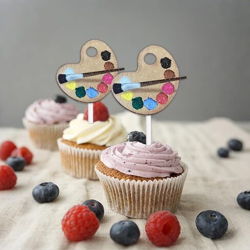 18pcs Glitter Colorful Art Palette Brush Cupcake Topper Cheer to Graffiti Paint Drawing Theme Anniversary Party Decoration for Men Women Happy Birthday Decor Supplies in Kuwait