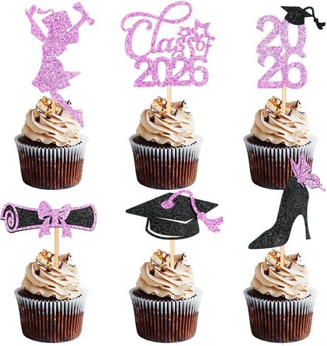 Girl Graduation Cupcake Toppers 2026 Graduation Decorations 24 PCS, Glitter Rose Gold Class of 2026 Cupcake Topper Supplies, 2026 Graduat Decorations Party Decorations, Diploma, Grad Cap Set in Saudi Arabia