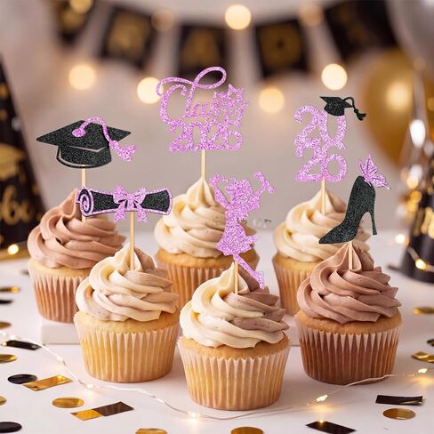 Girl Graduation Cupcake Toppers 2026 Graduation Decorations 24 PCS, Glitter Rose Gold Class of 2026 Cupcake Topper Supplies, 2026 Graduat Decorations Party Decorations, Diploma, Grad Cap Set in Saudi Arabia