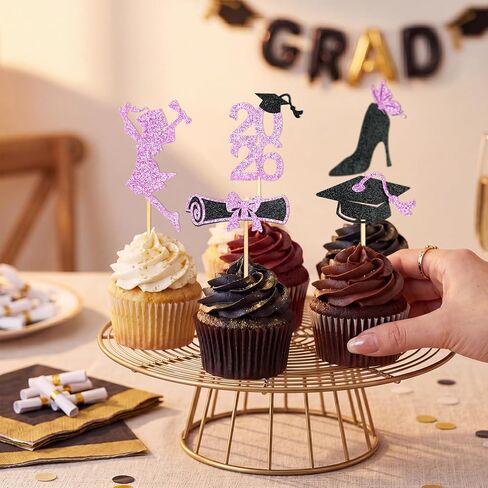 Girl Graduation Cupcake Toppers 2026 Graduation Decorations 24 PCS, Glitter Rose Gold Class of 2026 Cupcake Topper Supplies, 2026 Graduat Decorations Party Decorations, Diploma, Grad Cap Set in Saudi Arabia
