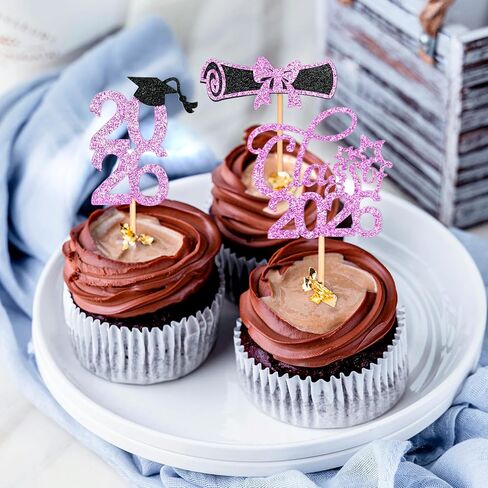 Girl Graduation Cupcake Toppers 2026 Graduation Decorations 24 PCS, Glitter Rose Gold Class of 2026 Cupcake Topper Supplies, 2026 Graduat Decorations Party Decorations, Diploma, Grad Cap Set in Saudi Arabia
