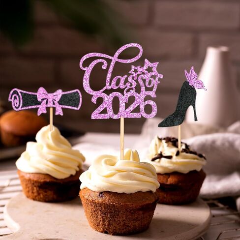 Girl Graduation Cupcake Toppers 2026 Graduation Decorations 24 PCS, Glitter Rose Gold Class of 2026 Cupcake Topper Supplies, 2026 Graduat Decorations Party Decorations, Diploma, Grad Cap Set in Saudi Arabia
