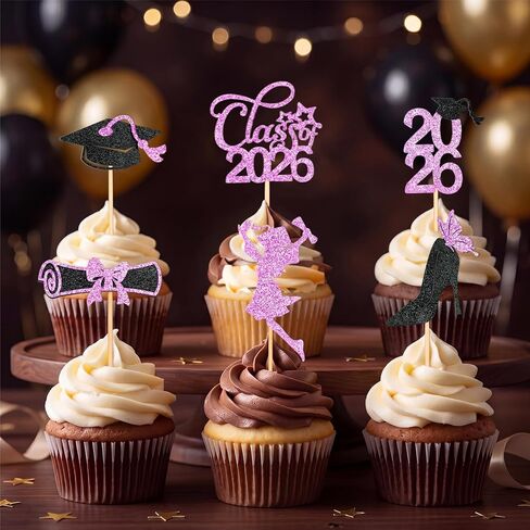 Girl Graduation Cupcake Toppers 2026 Graduation Decorations 24 PCS, Glitter Rose Gold Class of 2026 Cupcake Topper Supplies, 2026 Graduat Decorations Party Decorations, Diploma, Grad Cap Set in Saudi Arabia