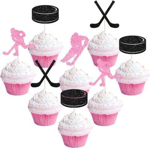 36pcs Hockey Cupcake Toppers, Pink Ice Hockey Themed Birthday Party Cake Decorations Glitter for Women Girl Sports Themed Birthday Baby Shower Party Supplies in Saudi Arabia