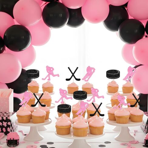 36pcs Hockey Cupcake Toppers, Pink Ice Hockey Themed Birthday Party Cake Decorations Glitter for Women Girl Sports Themed Birthday Baby Shower Party Supplies in Saudi Arabia