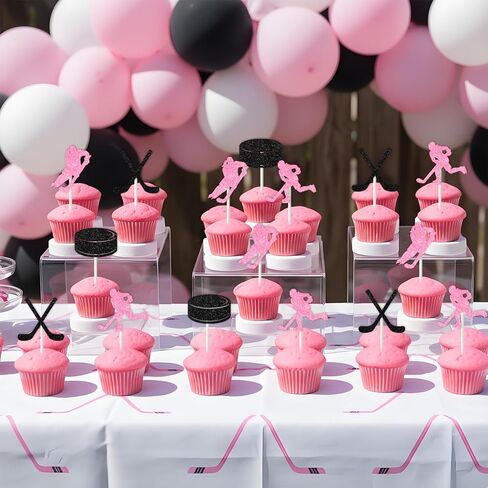 36pcs Hockey Cupcake Toppers, Pink Ice Hockey Themed Birthday Party Cake Decorations Glitter for Women Girl Sports Themed Birthday Baby Shower Party Supplies in Saudi Arabia