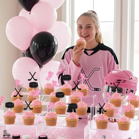 36pcs Hockey Cupcake Toppers, Pink Ice Hockey Themed Birthday Party Cake Decorations Glitter for Women Girl Sports Themed Birthday Baby Shower Party Supplies in Saudi Arabia