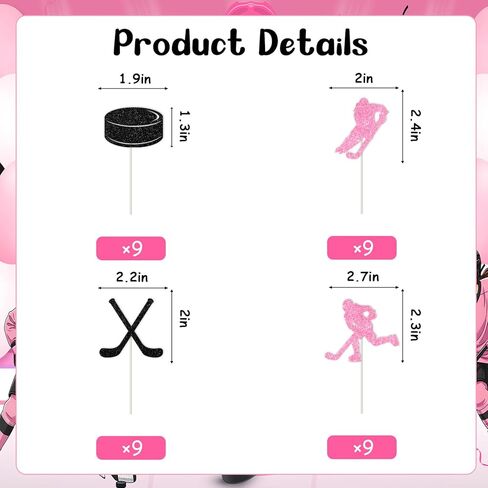 36pcs Hockey Cupcake Toppers, Pink Ice Hockey Themed Birthday Party Cake Decorations Glitter for Women Girl Sports Themed Birthday Baby Shower Party Supplies in Saudi Arabia