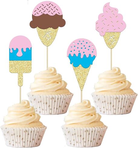12 Pcs Ice Cream Cupcake Topper Glitter Cupcake Decoration Summer Dessert Ice Cream Theme Party, Birthday Wedding Party Popsicle Baby Shower Decorations Supplies in Kuwait
