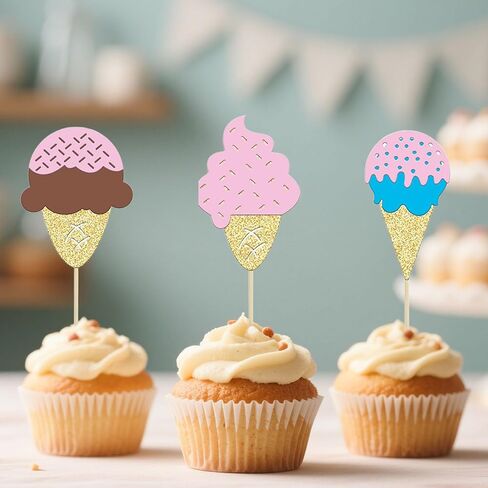 12 Pcs Ice Cream Cupcake Topper Glitter Cupcake Decoration Summer Dessert Ice Cream Theme Party, Birthday Wedding Party Popsicle Baby Shower Decorations Supplies in Kuwait