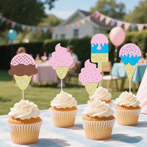 12 Pcs Ice Cream Cupcake Topper Glitter Cupcake Decoration Summer Dessert Ice Cream Theme Party, Birthday Wedding Party Popsicle Baby Shower Decorations Supplies in Kuwait