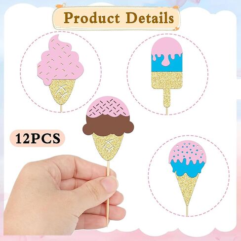 12 Pcs Ice Cream Cupcake Topper Glitter Cupcake Decoration Summer Dessert Ice Cream Theme Party, Birthday Wedding Party Popsicle Baby Shower Decorations Supplies in Kuwait