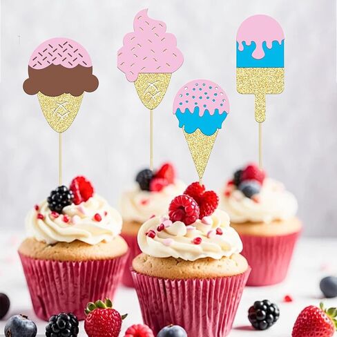 12 Pcs Ice Cream Cupcake Topper Glitter Cupcake Decoration Summer Dessert Ice Cream Theme Party, Birthday Wedding Party Popsicle Baby Shower Decorations Supplies in Kuwait