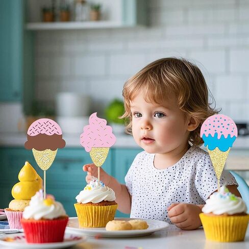 12 Pcs Ice Cream Cupcake Topper Glitter Cupcake Decoration Summer Dessert Ice Cream Theme Party, Birthday Wedding Party Popsicle Baby Shower Decorations Supplies in Kuwait