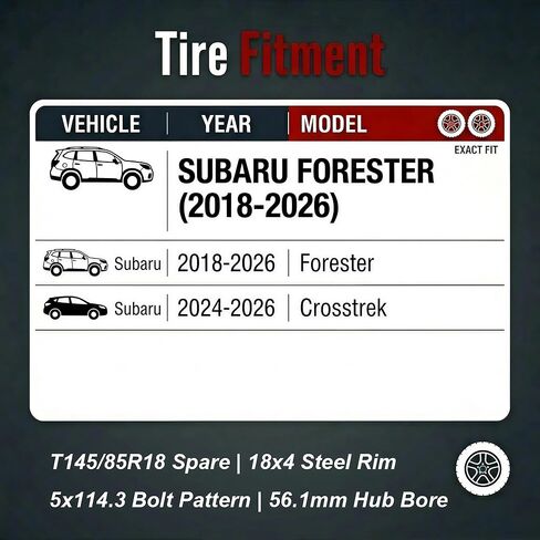 Spare Tire Kit Compatible with 2018-2026 Forester, 2024-2026 Crosstrek - Includes 18x4 Rim, 145/85R18 Spare Wheel, 27.7" Rolling Diameter, Includes car Jack kit and Spare tire Carrying Case. in Saudi Arabia
