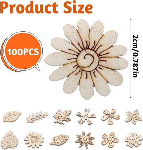 100 قطعة من الزهور الخشبية غير المكتملة، شرائح خشبية فارغة نمط أوراق شجر قطع خشبية صغيرة ديكور يدوي الصنع للزهور الحرفية لوازم الحرف اليدوية in Kuwait