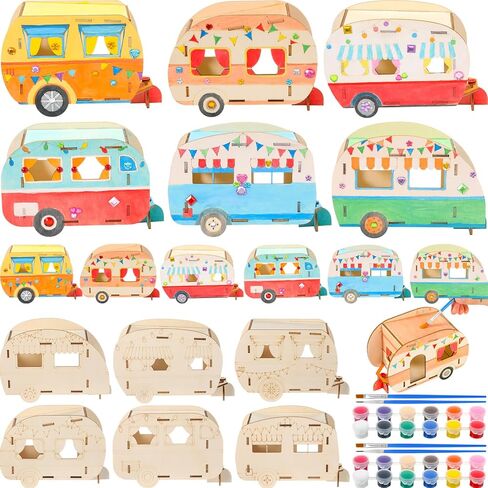 DoubleFill 12 Pack Camping Craft Kits DIY Unfinished Wooden Camper Craft Bulk Paint Your Own Wooden Cars Summer Camping Party Favor with Paints and Brushes for Kids Arts Projects in Kuwait