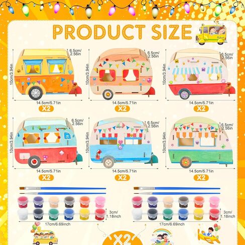 DoubleFill 12 Pack Camping Craft Kits DIY Unfinished Wooden Camper Craft Bulk Paint Your Own Wooden Cars Summer Camping Party Favor with Paints and Brushes for Kids Arts Projects in Kuwait