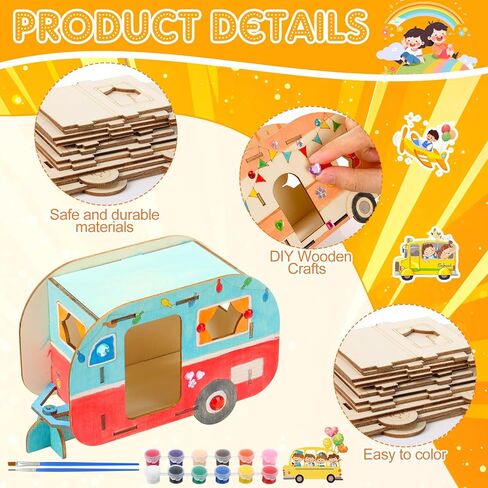 DoubleFill 12 Pack Camping Craft Kits DIY Unfinished Wooden Camper Craft Bulk Paint Your Own Wooden Cars Summer Camping Party Favor with Paints and Brushes for Kids Arts Projects in Kuwait